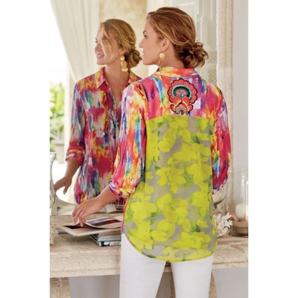 Soft Surroundings Tops - Soft Surroundings Festiva Top L Colorful Tie Dye Embroidered Beaded Button-Front